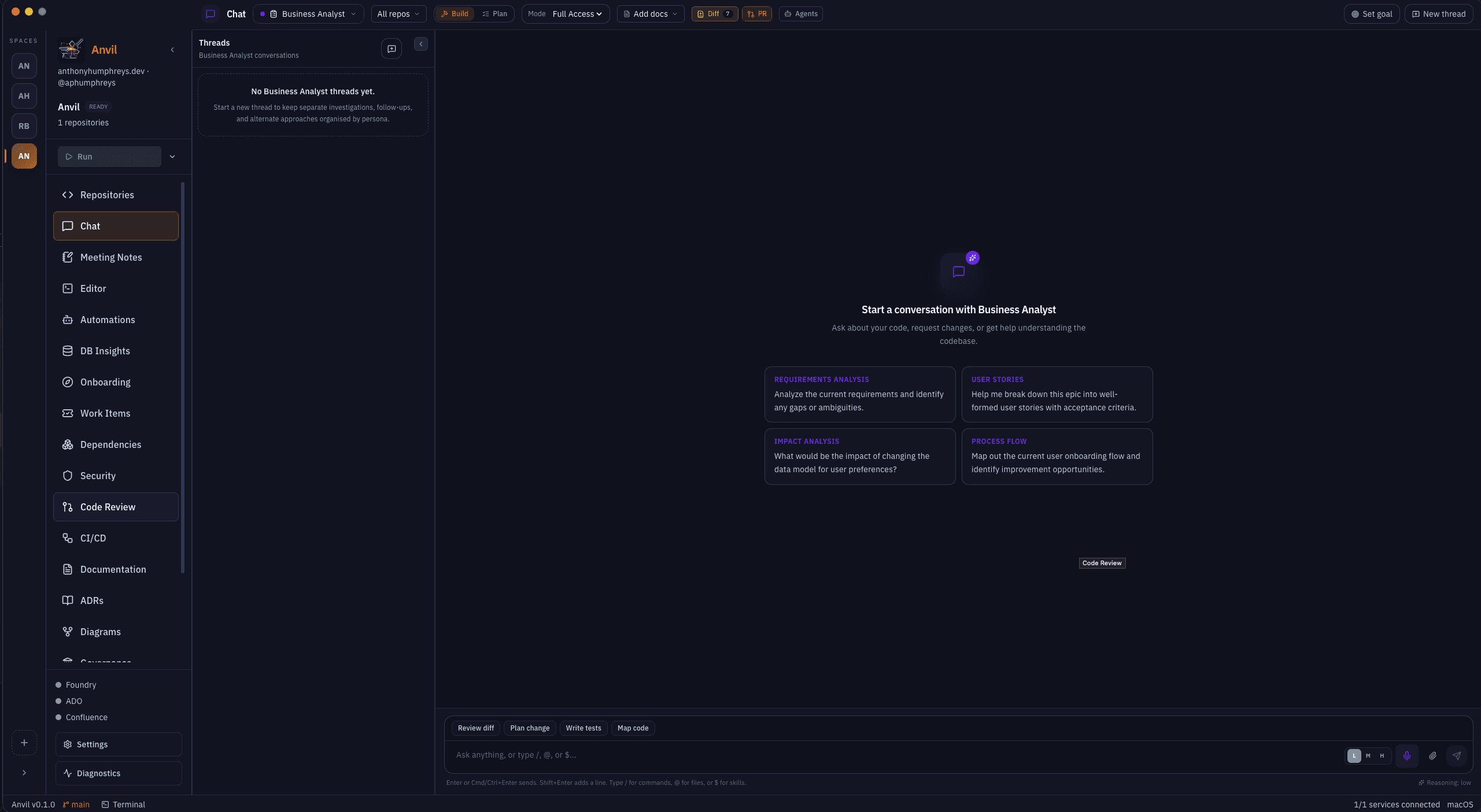 Anvil Desktop showing repository navigation and an agent chat workspace.